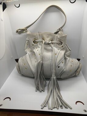 BULGA Cream Leather Drawstring Tassel Shoulder Bucket Bag